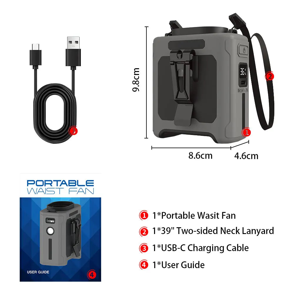 Wearable Waist Fan with Light – 10,000mAh Rechargeable Battery, 5 Speeds, Up to 40 Hours Runtime for Outdoor Jobs & Camping
